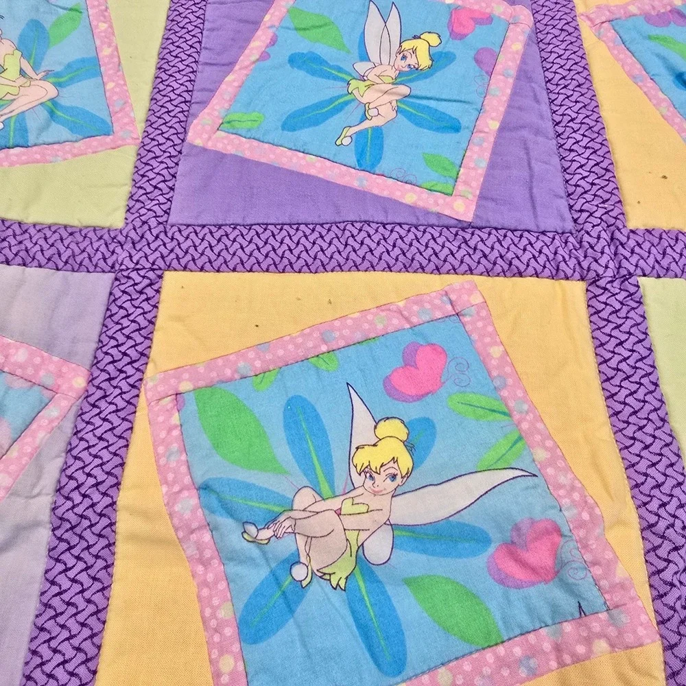 Disney Tinker Bell Handmade Quilt Blanket Fairy Patchwork Purple Yellow 55x46